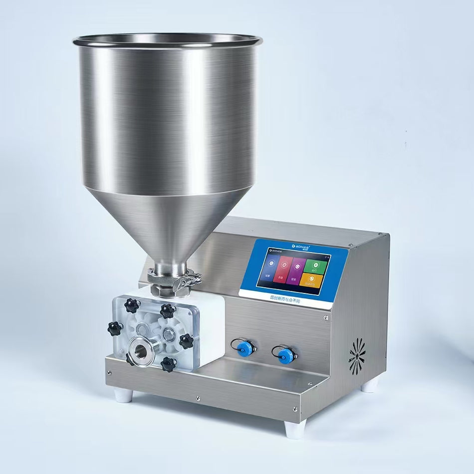 Automatic filling machine with a stainless steel body, a digital display, and control knobs.